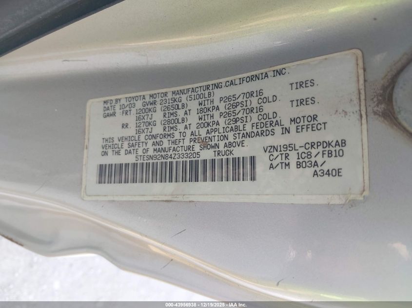 2004 Toyota Tacoma Prerunner V6 VIN: 5TESN92N84Z333205 Lot: 43956938