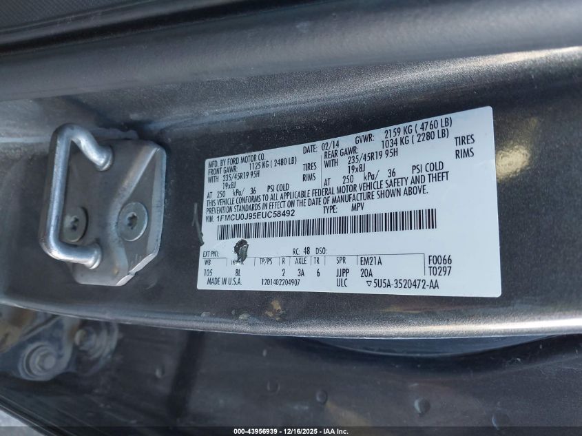 2014 Ford Escape Titanium VIN: 1FMCU0J95EUC58492 Lot: 43956939