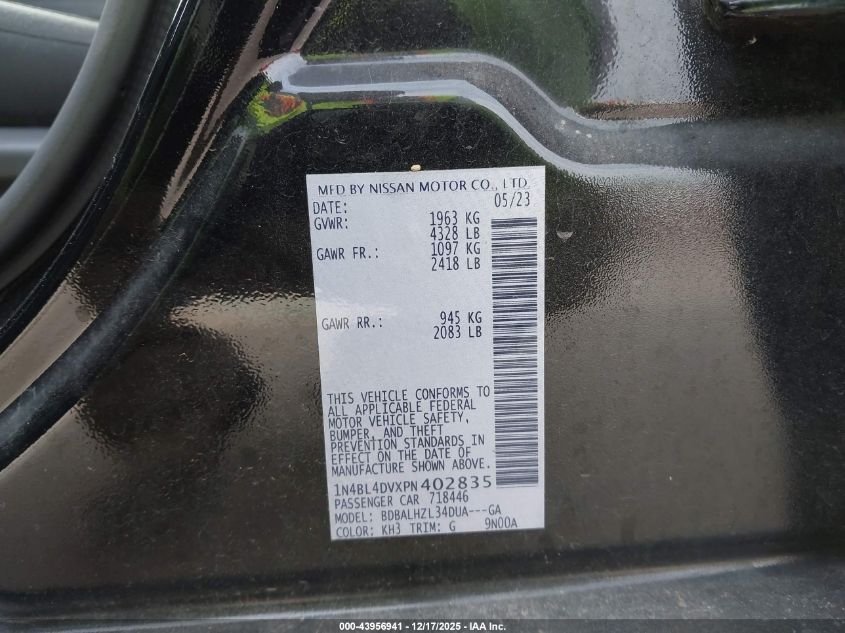 2023 Nissan Altima Sv Fwd VIN: 1N4BL4DVXPN402835 Lot: 43956941