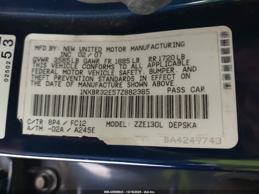 2007 Toyota Corolla S VIN: 1NXBR32E57Z882385 Lot: 43956943