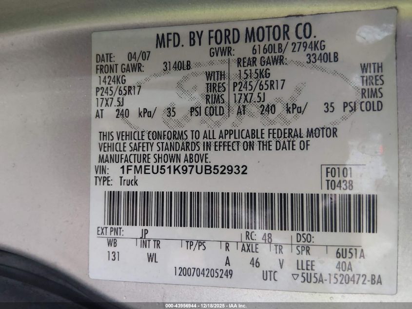 2007 Ford Explorer Sport Trac Xlt VIN: 1FMEU51K97UB52932 Lot: 43956944