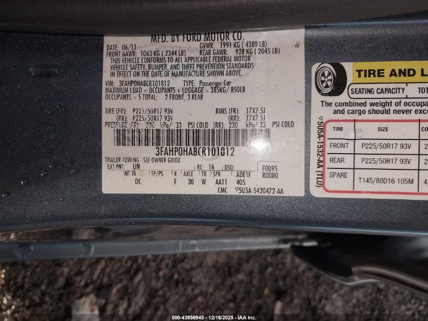 2012 Ford Fusion Se VIN: 3FAHP0HA8CR101812 Lot: 43956945