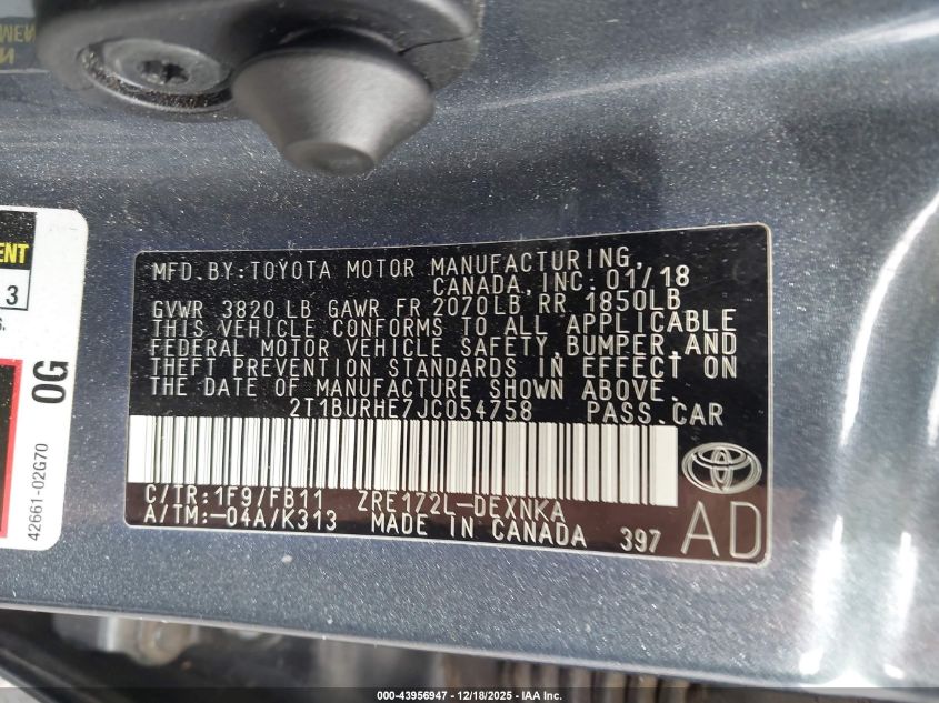 2018 Toyota Corolla Le VIN: 2T1BURHE7JC054758 Lot: 43956947