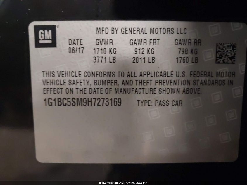 2017 Chevrolet Cruze Ls Auto VIN: 1G1BC5SM9H7273169 Lot: 43956948