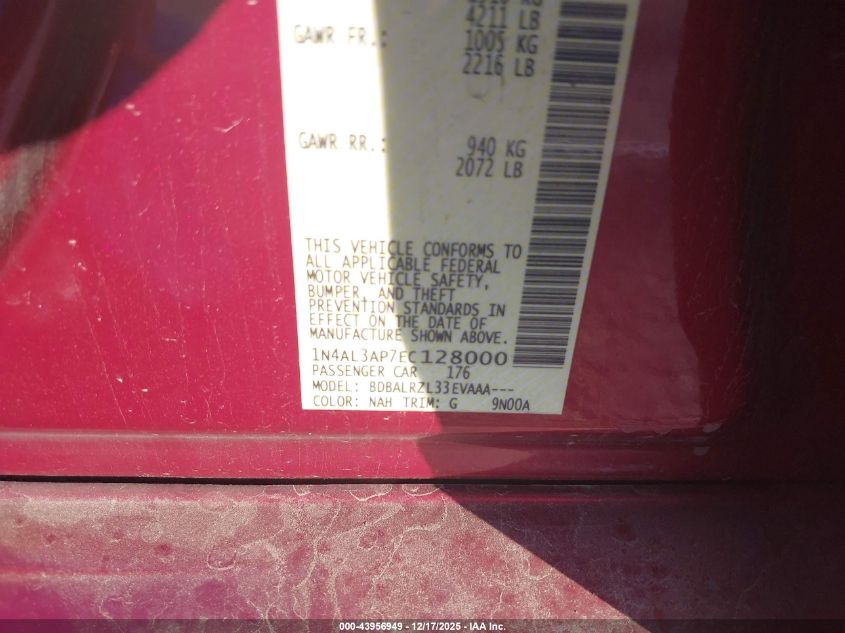 2014 Nissan Altima 2.5 S VIN: 1N4AL3AP7EC128000 Lot: 43956949