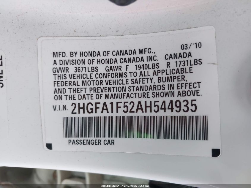 2010 Honda Civic Lx VIN: 2HGFA1F52AH544935 Lot: 43956951