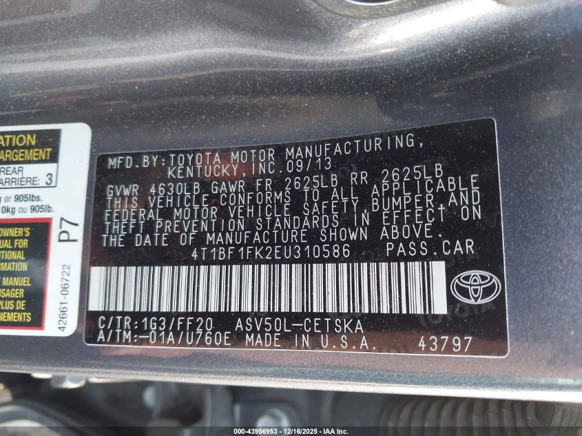2014 Toyota Camry Se VIN: 4T1BF1FK2EU310586 Lot: 43956953