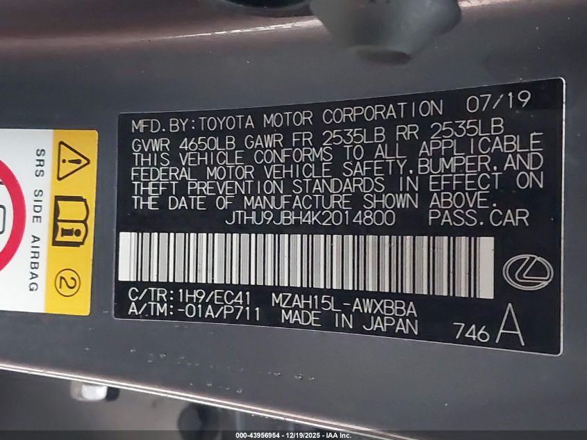 2019 Lexus Ux 250H VIN: JTHU9JBH4K2014800 Lot: 43956954