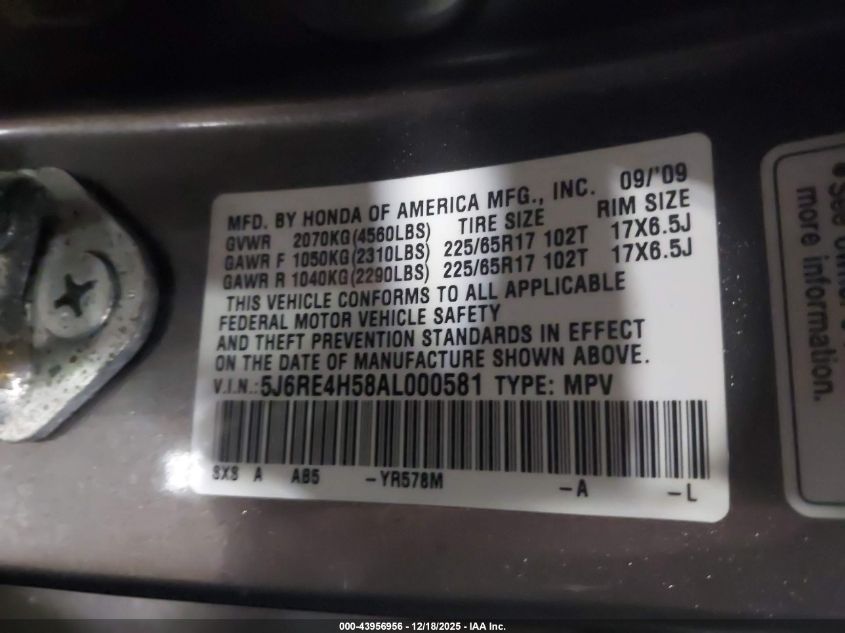 2010 Honda Cr-V Ex VIN: 5J6RE4H58AL000581 Lot: 43956956