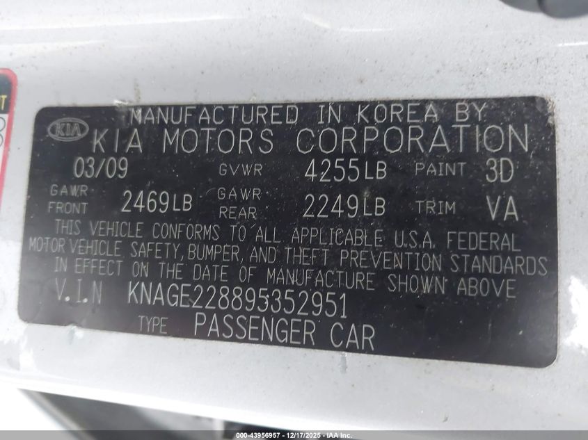 2009 Kia Optima Sx VIN: KNAGE228895352951 Lot: 43956957