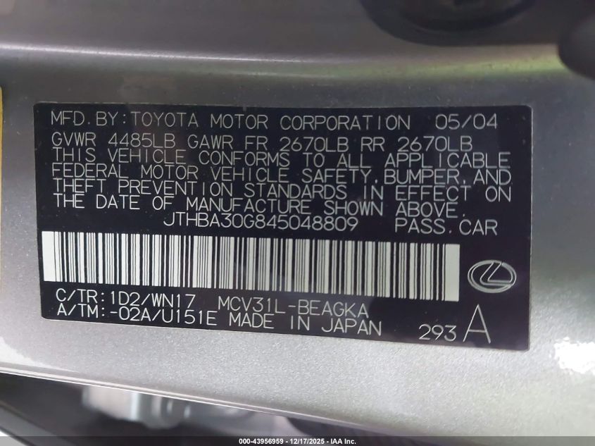 2004 Lexus Es 330 VIN: JTHBA30G845048809 Lot: 43956959