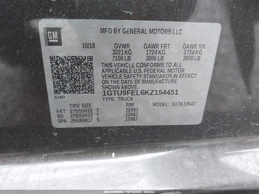 2019 GMC Sierra 1500 Denali VIN: 1GTU9FEL6KZ154451 Lot: 43956962