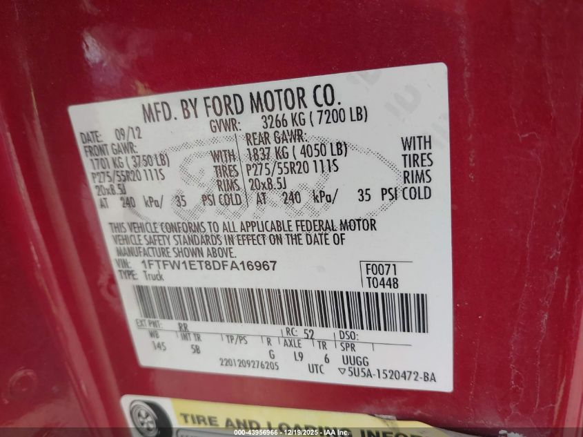 2013 Ford F-150 Fx4 VIN: 1FTFW1ET8DFA16967 Lot: 43956966