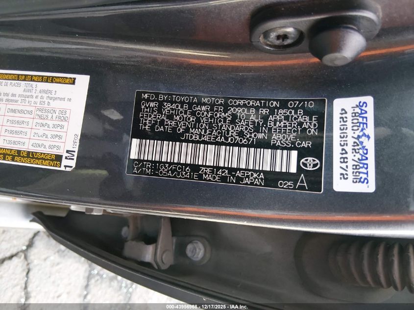 2010 Toyota Corolla Le VIN: JTDBU4EE4AJ070671 Lot: 43956968