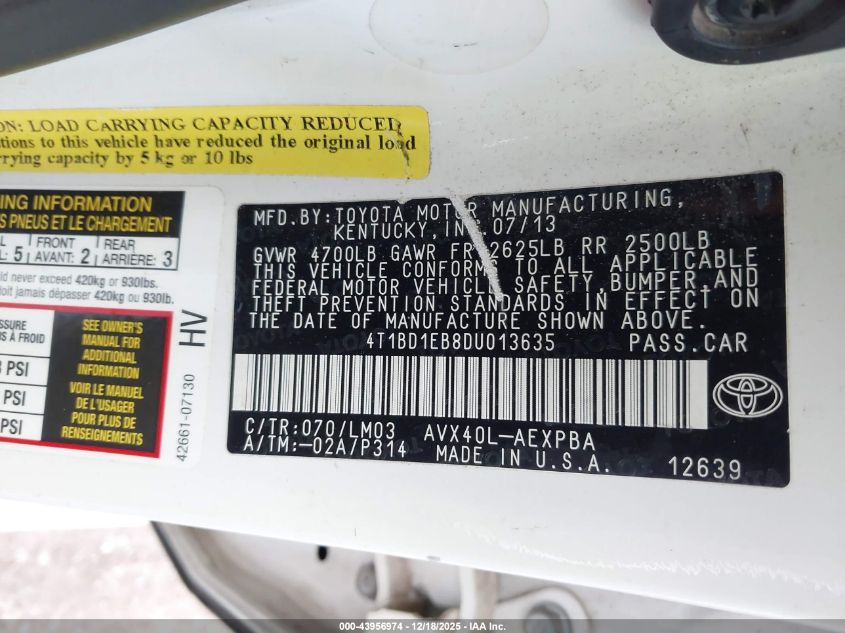 2013 Toyota Avalon Hybrid Limited VIN: 4T1BD1EB8DU013635 Lot: 43956974