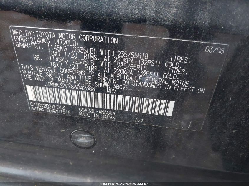 2008 Toyota Rav4 Sport V6 VIN: JTMBK32VX86042388 Lot: 43956975