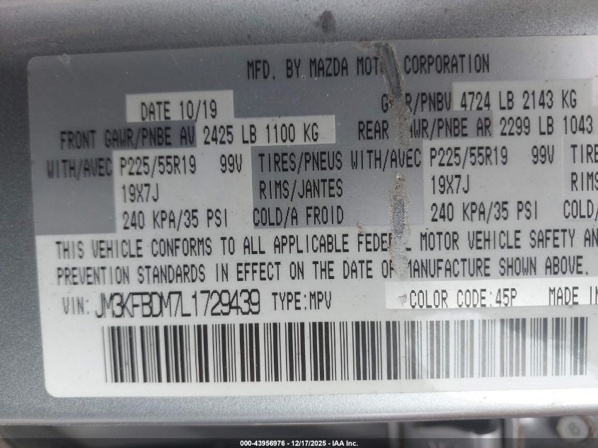 2020 Mazda Cx-5 Grand Touring VIN: JM3KFBDM7L1729439 Lot: 43956976