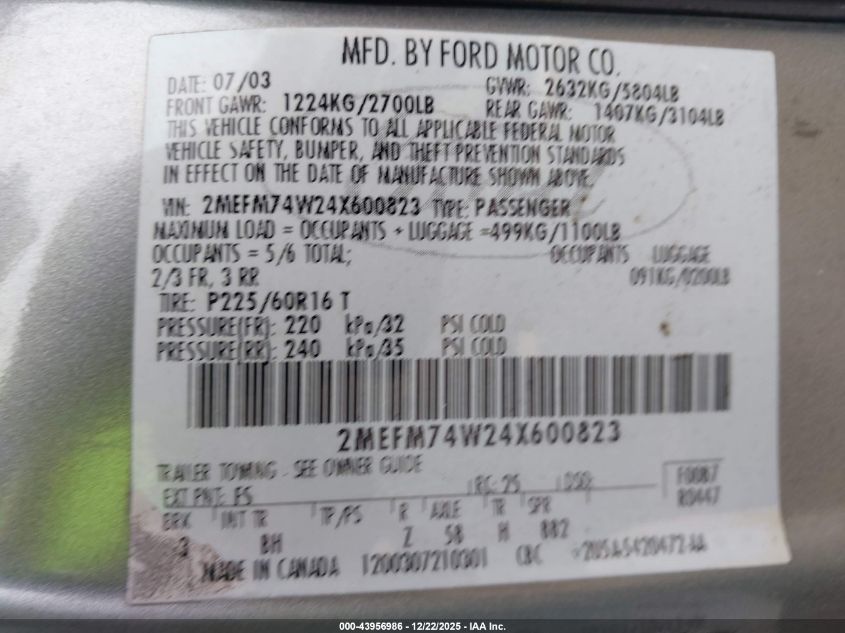 2004 Mercury Grand Marquis Gs VIN: 2MEFM74W24X600823 Lot: 43956986