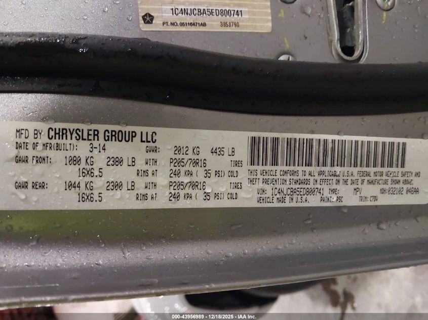 2014 Jeep Compass Sport VIN: 1C4NJCBA5ED800741 Lot: 43956989