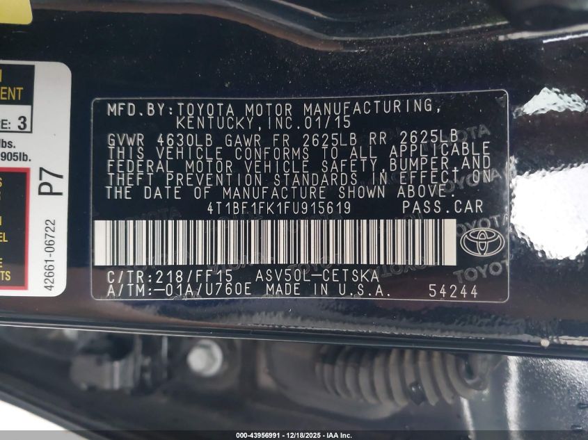2015 Toyota Camry Se VIN: 4T1BF1FK1FU915619 Lot: 43956991