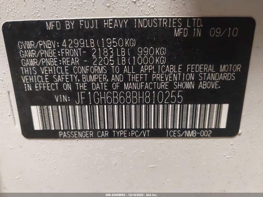 2011 Subaru Impreza 2.5I Premium VIN: JF1GH6B68BH810255 Lot: 43956992