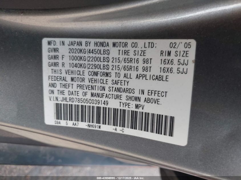 2005 Honda Cr-V Lx VIN: JHLRD78505C039149 Lot: 43956995
