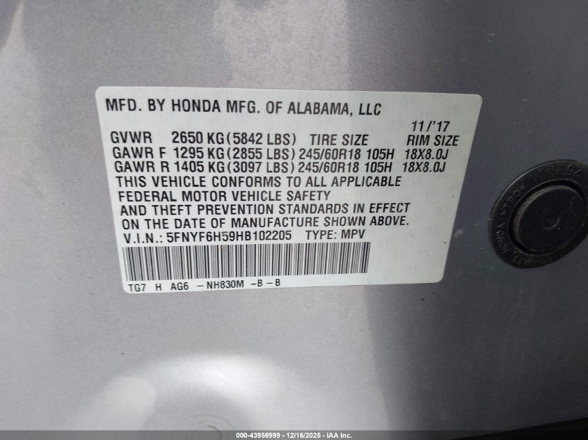 2017 Honda Pilot Ex-L VIN: 5FNYF6H59HB102205 Lot: 43956999