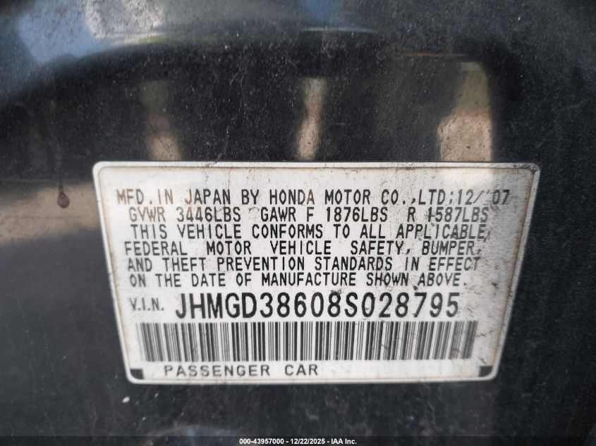 2008 Honda Fit Sport VIN: JHMGD38608S028795 Lot: 43957000
