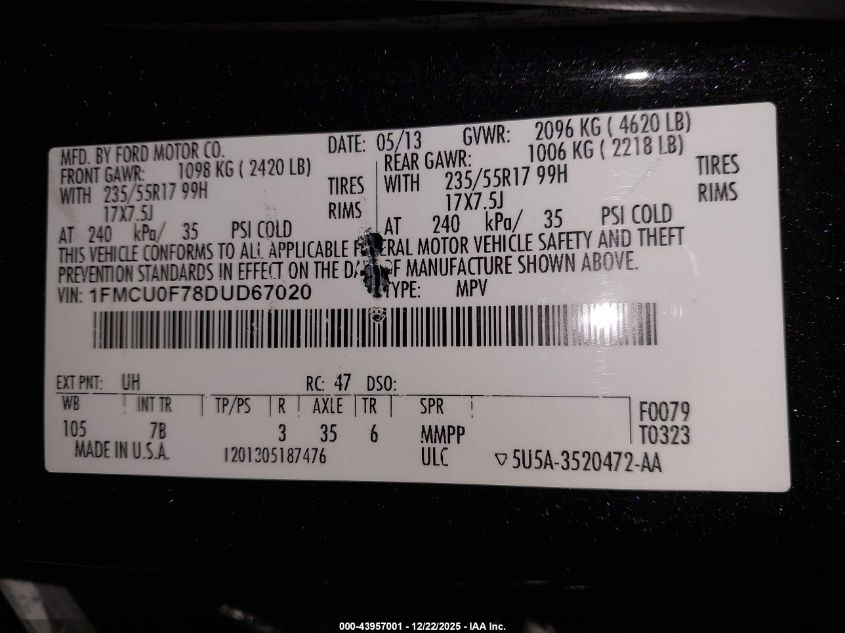 2013 Ford Escape S VIN: 1FMCU0F78DUD67020 Lot: 43957001