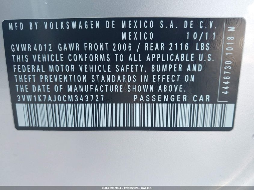 2012 Volkswagen Jetta 2.0L S VIN: 3VW1K7AJ0CM343727 Lot: 43957004