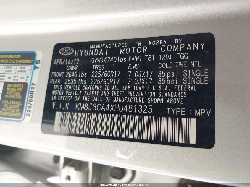 2017 Hyundai Tucson Se VIN: KM8J3CA4XHU481325 Lot: 43957007