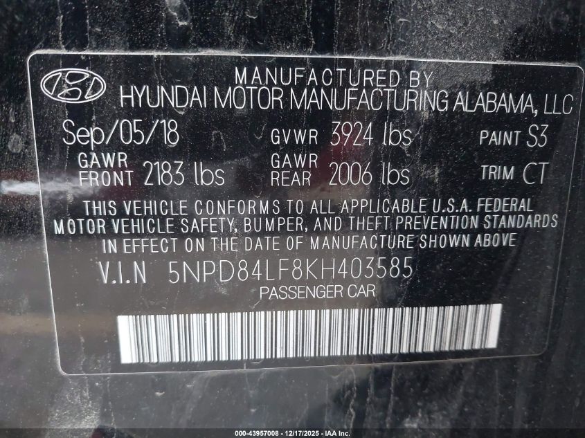 2019 Hyundai Elantra Sel VIN: 5NPD84LF8KH403585 Lot: 43957008