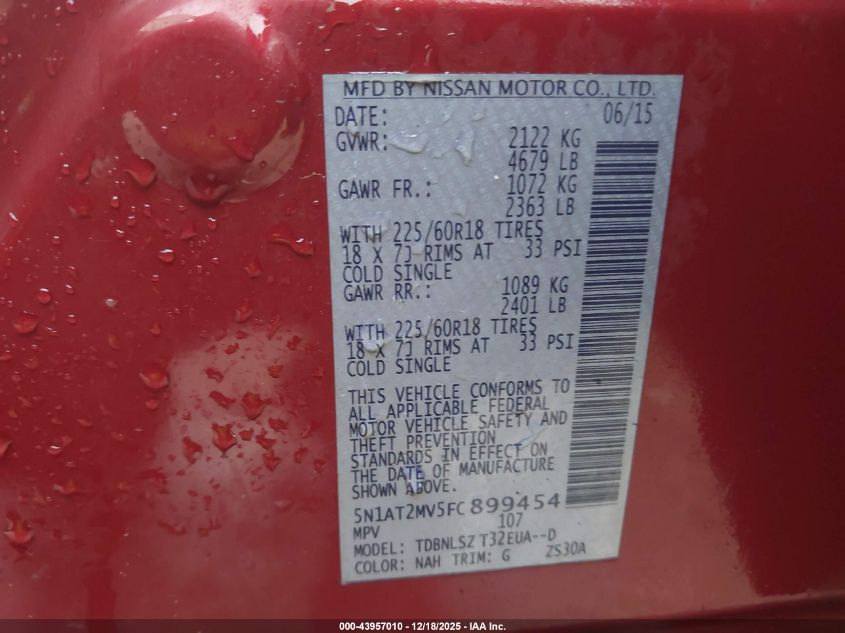 2015 Nissan Rogue Sl VIN: 5N1AT2MV5FC899454 Lot: 43957010