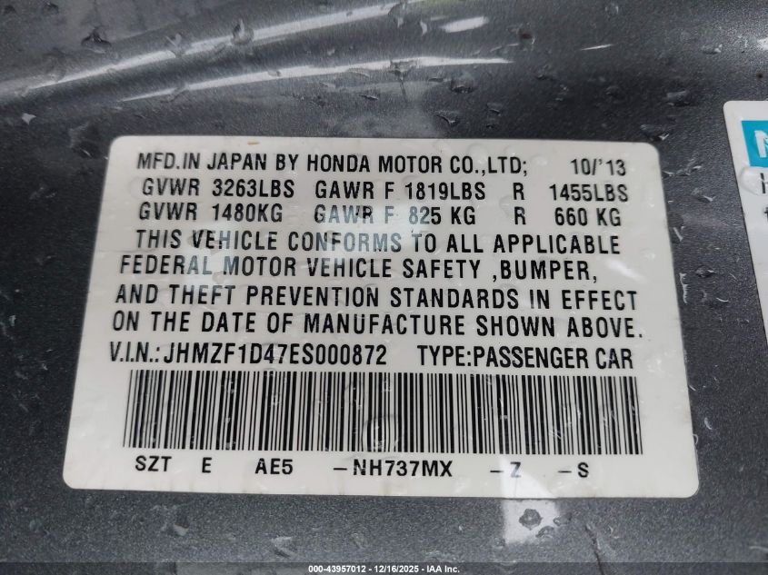 2014 Honda Cr-Z VIN: JHMZF1D47ES000872 Lot: 43957012