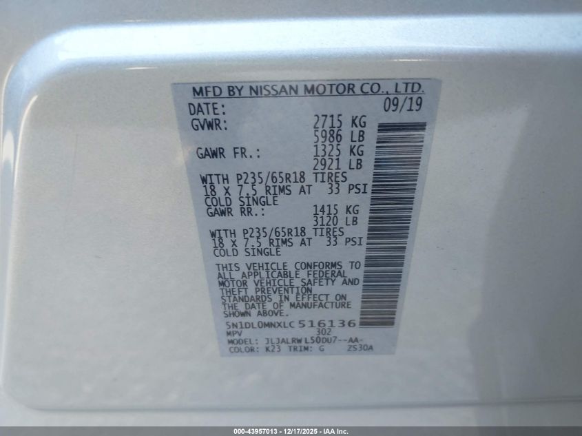 2020 Infiniti Qx60 Luxe VIN: 5N1DL0MNXLC516136 Lot: 43957013