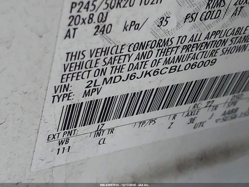 2012 Lincoln Mkx VIN: 2LMDJ6JK6CBL06009 Lot: 43957014