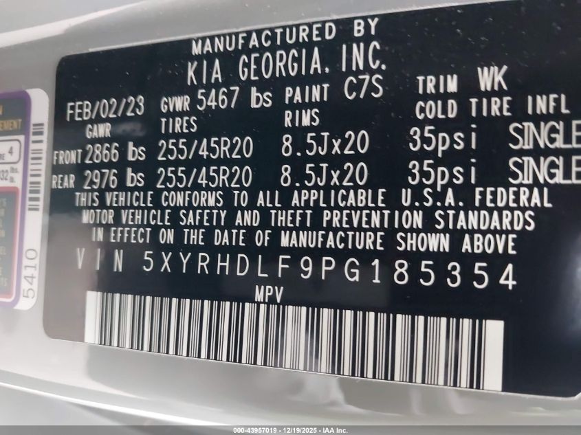 2023 Kia Sorento X-Line Ex VIN: 5XYRHDLF9PG185354 Lot: 43957019