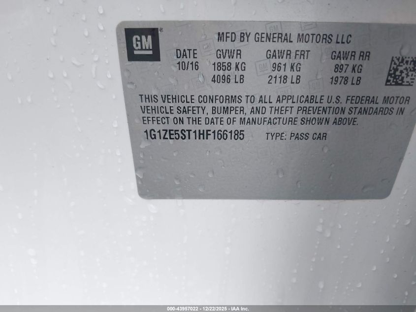 2017 Chevrolet Malibu 1Lt VIN: 1G1ZE5ST1HF166185 Lot: 43957022