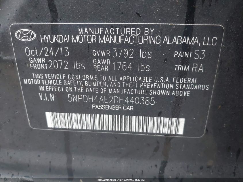 2013 Hyundai Elantra Limited VIN: 5NPDH4AE2DH440385 Lot: 43957023