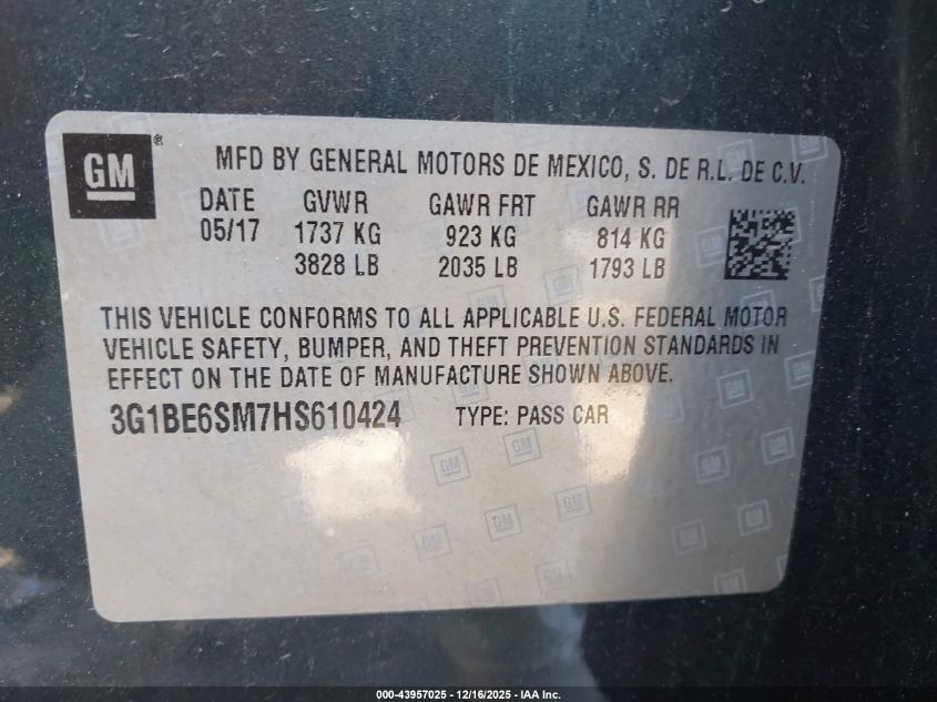 2017 Chevrolet Cruze Lt Auto VIN: 3G1BE6SM7HS610424 Lot: 43957025