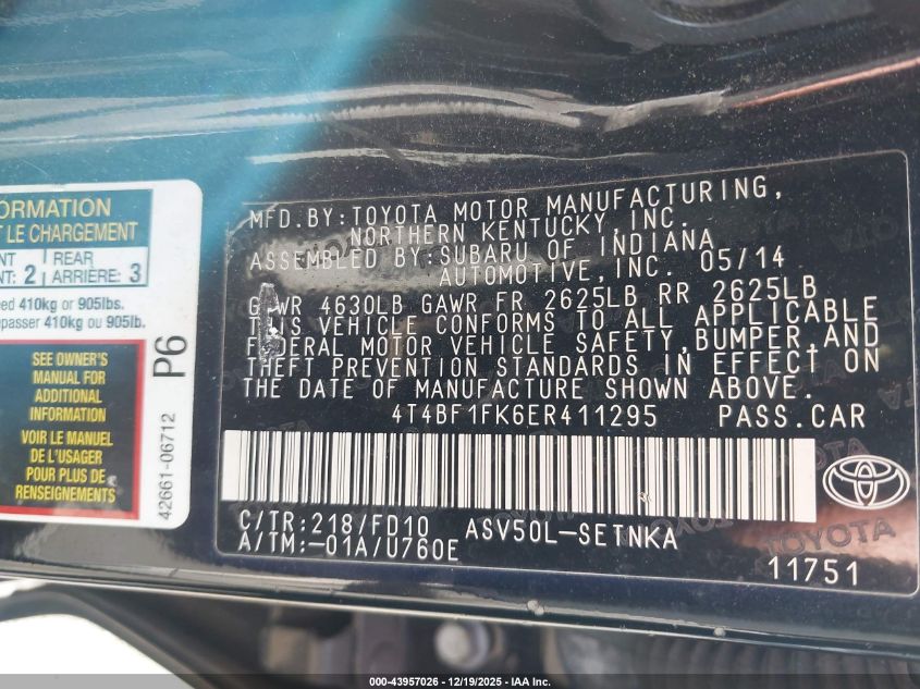 2014 Toyota Camry Le VIN: 4T4BF1FK6ER411295 Lot: 43957026