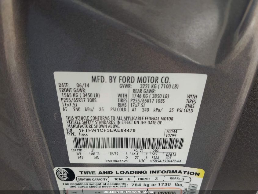 2014 Ford F-150 Xlt VIN: 1FTFW1CF3EKE84479 Lot: 43957030