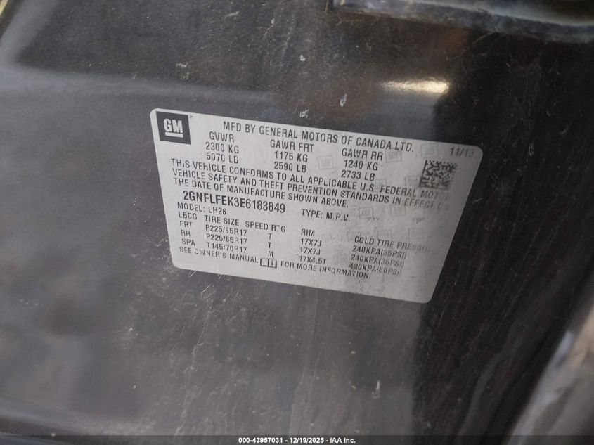 2014 Chevrolet Equinox 1Lt VIN: 2GNFLFEK3E6183849 Lot: 43957031