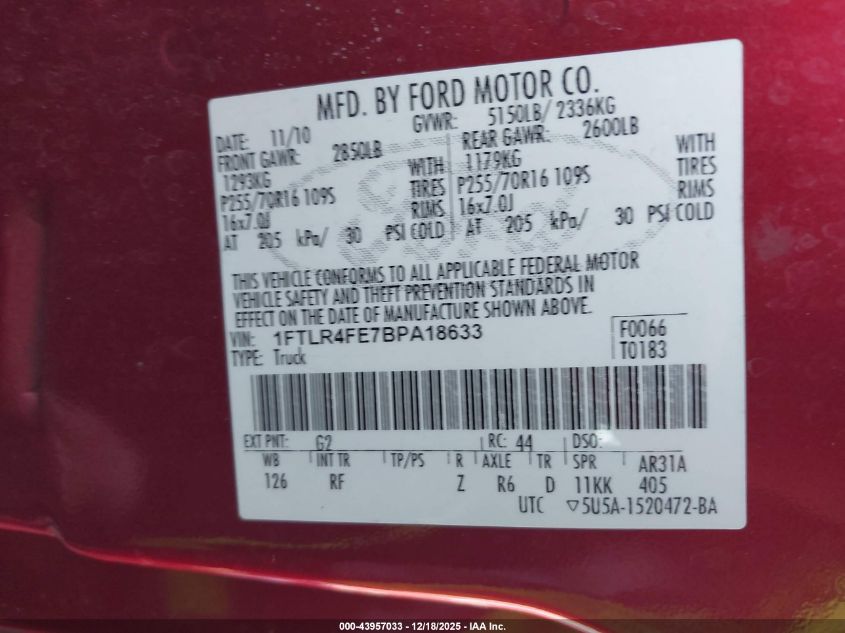 2011 Ford Ranger Sport VIN: 1FTLR4FE7BPA18633 Lot: 43957033