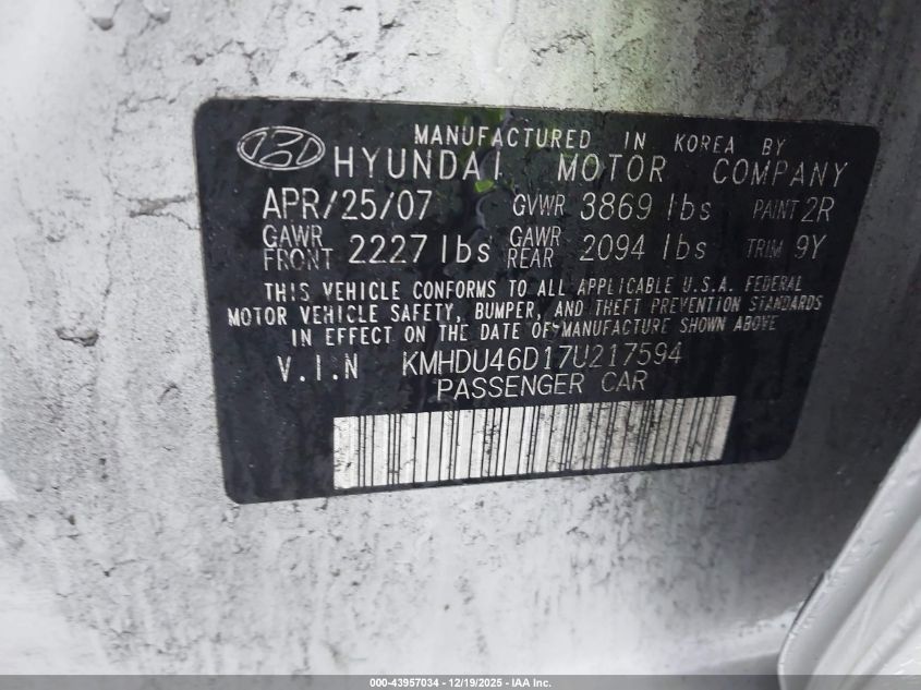 2007 Hyundai Elantra Gls/Limited/Se VIN: KMHDU46D17U217594 Lot: 43957034