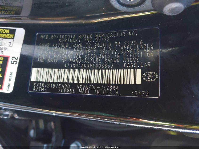 2023 Toyota Camry Se VIN: 4T1S11AKXPU095659 Lot: 43957035