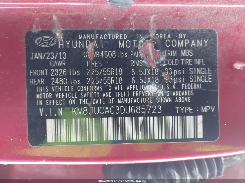 2013 Hyundai Tucson Limited VIN: KM8JUCAC3DU685723 Lot: 43957037