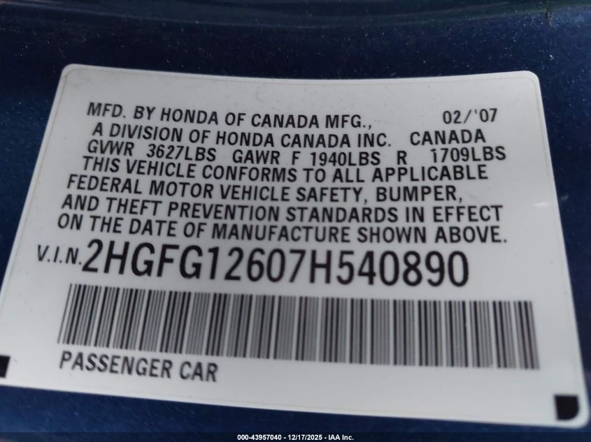2007 Honda Civic Lx VIN: 2HGFG12607H540890 Lot: 43957040