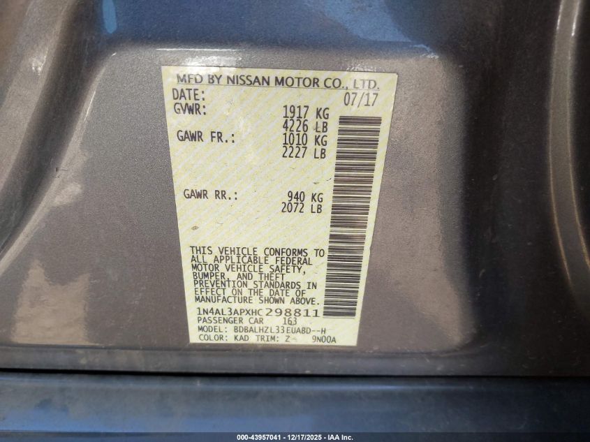 2017 Nissan Altima 2.5 Sr VIN: 1N4AL3APXHC298811 Lot: 43957041