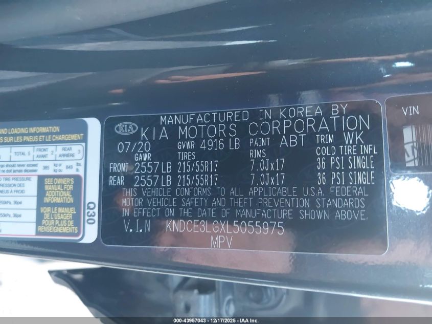 2020 Kia Niro Ev Ex Premium VIN: KNDCE3LGXL5055975 Lot: 43957043